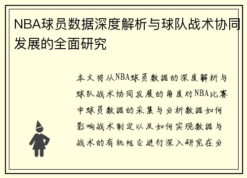 NBA球员数据深度解析与球队战术协同发展的全面研究